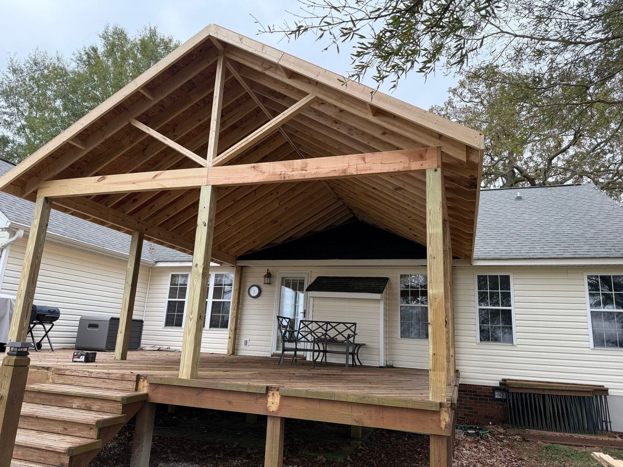 Backyard pavilion with finished cedar ceiling over a deck, Mint Hill NC